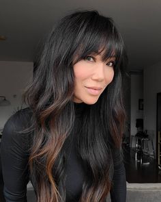 Lived In Black Hair, Front Layer Cut For Long Hair, Long Dark Hair Bangs, Dark Hair Balayage Black, Edgy Black Hair, Witch Hair Color, Dark Hair With Fringe, Dark Brown Hair Bangs, Dark Brown And Black Hair