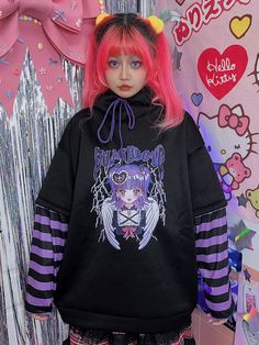 Cartoon Girl Print Striped Pattern Sleeves Black Hoodie Cute Black Long Sleeve Hoodie, Black Kawaii Hoodie For Fall, Kawaii Black Hoodie For Fall, Harajuku Style Hooded Top With Drawstring, Harajuku Style Sweatshirt With Drawstring Hood For Fall, Black Kawaii Hoodie Sweatshirt, Black Kawaii Hoodie For Winter, Cute Black Hooded Sweatshirt, Harajuku Hooded Top For Fall