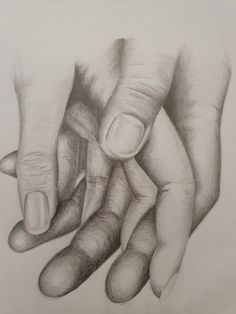 a pencil drawing of two hands holding each other's fingers with one hand on top of the other