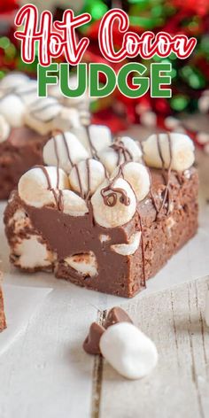 the cover of hot cocoa fudge is shown with marshmallows and chocolate