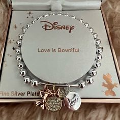 New Gorgeous Minnie Mouse Bracelet With Charms Fine Silver Plated 3 Charms One Rose Gold Bow, One Rhinestone Minnie Mouse, And One Round Love Disney Silver Bracelet Gift, Minnie Mouse Jewelry, Silver Disney Charm Bracelet Gift, Disney Mickey Mouse Silver Jewelry, Silver Disney Mickey Mouse Jewelry, One Rose, Disney Jewelry, Disney Love, Fine Silver