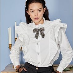 New Sister Jane Bow Embellished White Blouse Elegant Embellished Summer Shirt, Elegant Embellished Spring Shirt, Elegant Embellished Tops For Workwear, Spring Workwear Shirt Embellished, Chic Tops With Embellished Collar For Fall, White Embellished Top For Work, Embellished Fitted Blouse For Work, Fitted Embellished Blouse For Work, Chic Embellished Blouse For Workwear