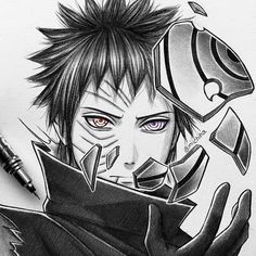 a pencil drawing of an anime character holding a knife and looking at the camera with evil eyes