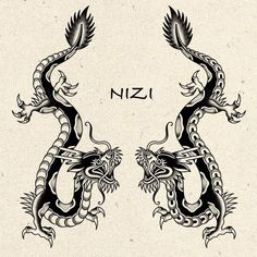 two black and white dragon tattoos with the word nizi