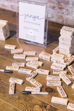 Picture Table Wedding Photo Displays, Guest Wedding Activities, Jenga At Wedding, Guest Games At Wedding, Wedding Guest Book Jenga, Nontraditional Wedding Guest Book, Jenga For Wedding, Guest Book Unique Ideas, Jenga Wedding Ideas