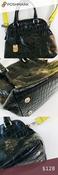 Furla handbag Furla handbag. Croc textured leather. Black with silver hardware and logo lining. The neon strap is not Furla-I customized it. You are welcome to use another or simply carry it by the handles. Great condition! Classic style for fall and winter. Measures approximately 9” tall by 10” across with a 3” depth. Carries everything you need! Furla Bags Furla 1927, Furla Bags 2022, Furla Bags, Red Leather Handbags, Genuine Leather Totes, Vintage Leather Bag, Chloe Bag, Black Shoulder Bag, Zipped Bag