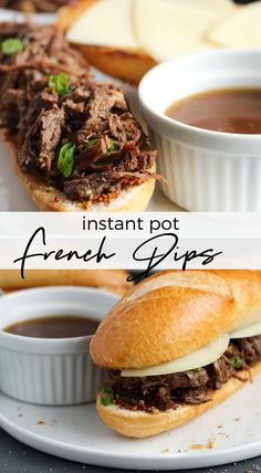 french dip sandwiches with dipping sauces on the side