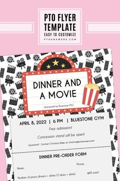 a flyer for a movie party with popcorn