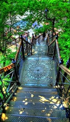 stairs lead up to the top of a tree - lined area with metal railings