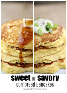 sweet or savory cornbread pancakes with maple syrup