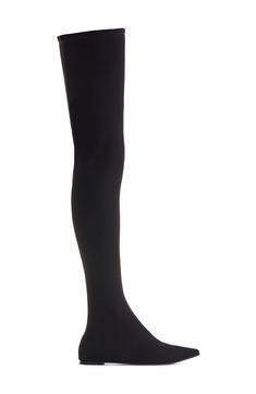 Keep your look streamlined with one-and-done ease in this thigh-high stocking boot that seamlessly pairs a pointy-toe kidskin flat with a stretch-jersey shaft. Pull-on style Textile and leather upper and lining/leather sole Made in Italy Designer Shoes Sleek Thigh High Stockings, Sleek Tight Thigh-high Stockings, Sleek Tight Thigh High Stockings, Classic Black Fitted Knee-high Boots, Black Thigh High Evening Tights, Black Thigh High Tights For Evening, Stretch Thigh-high Legwear For Evening, Stretch Thigh High Legwear For Evening, Evening Thigh High Fitted Stockings