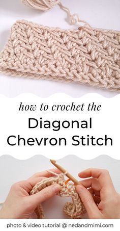 someone crocheting the diagonal chevron stitch on a piece of yarn with text overlay that says how to crochet the diagonal chevron stitch