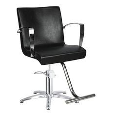 a black chair with chrome legs on a white background