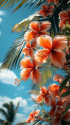 an orange flower on a palm tree with blue sky and clouds in the back ground