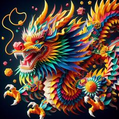 a colorful dragon made out of paper on a black background