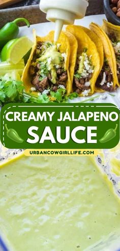 creamy jalapeno sauce in a bowl with tortillas on the side