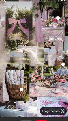 a collage of photos with pink and white flowers on them, including table cloths