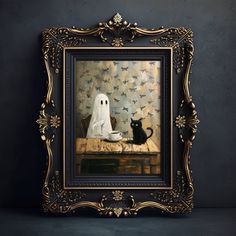 a painting of a ghost and a black cat sitting on a table in front of a wall