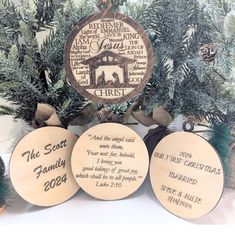 three personalized wooden christmas ornaments with names