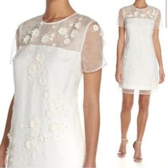 Description: New Ted Baker Silk Embellished Floral Dress . Short Sleeves. Crew Neckline. Sheer 100% Silk Shell Embellished With Flowers, Sequins, Pearls And Beading. Fully Lined. Exposed Gold Tone Back Zipper. Gorgeous Dress. New With Tags. Size Baker 2 White Embellished Short Sleeve Dresses, White Summer Dress With Pearl Embroidery, Summer White Dress With Pearl Embroidery, Feminine White Dress With Floral Applique, Feminine Spring Dresses With Pearl Embroidery, Floral Dress Short, Tone Back, Ivory Silk, London Dresses