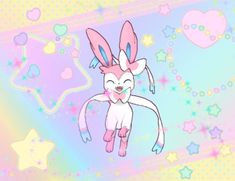 a pink and white rabbit with stars on it's back ground in front of a pastel background