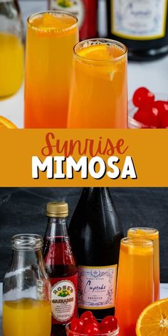 orange juice and other drinks on a table with the words sunrise mimosa above it