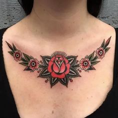 a woman with a rose tattoo on her chest