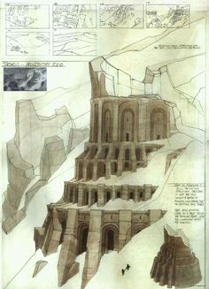 a drawing of an ancient structure with many different sections and features, including the top part of