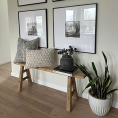 two framed pictures hang on the wall next to a wooden bench with plants in it