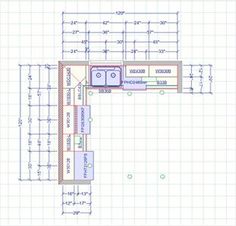 a drawing of a kitchen with blueprints on the wall and cabinets in it