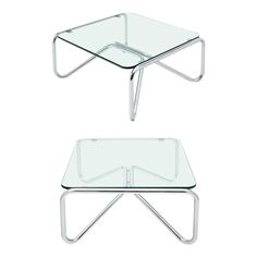 two glass tables sitting next to each other