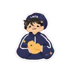 a sticker with a person holding a chicken in it's arms and wearing a hat