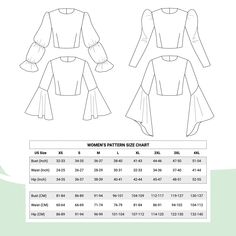 the size chart for women's top with bell sleeves and ruffles on the shoulders