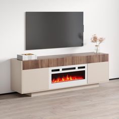 an entertainment center with a fireplace in the middle and a flat screen tv above it