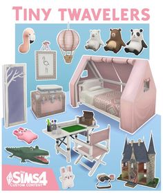 an advertisement for the tiny tweelers toy set includes toys, furniture and accessories