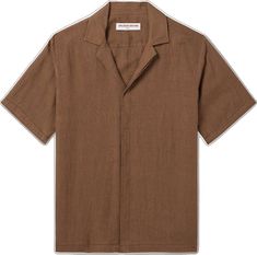 Summer Linen Shirt With Collar, Summer Linen Top With Camp Collar, Linen Camp Shirt With Spread Collar, Linen Top With Camp Collar For Vacation, Linen Camp Collar Tops For Vacation, Linen Vacation Tops With Placket, Brown Relaxed Fit Shirt For Vacation, Brown Tops For Casual Summer Gatherings, Linen Button-up Camp Shirt For Beach