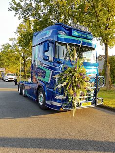 a blue semi truck is parked on the side of the road with flowers in it