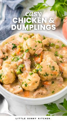 a white bowl filled with chicken and dumplings