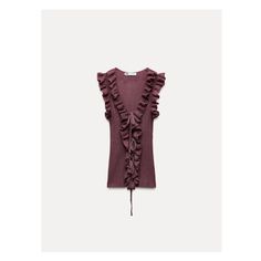 Sleeveless V-neck rib knit top. Ruffled trim. Front closure with ties. Staple Dress, Top With Ruffles, Tie Women, Waistcoat Dress, Rib Knit Top, Beauty Dress, Cardigan Sweater Jacket, Ribbed Knit Top, Tshirt Skirt