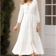 This Crochet Embroidered Dress Is Your Everyday, All-Occasion Choice That Will Never Do You Wrong. Breezy White. Size: Xs Smoke Free Home New Without Tags! - V-Neck Design - Floral Embroidery - Crochet Trimming - Button Down Closure - Elastic Cuffs - Lined - 65% Polyester, 35% Cotton - Hand Wash Cold Boho White Maxi Dress, Crochet Trimming, Chicwish Dress, White Maxi Dress Boho, Embroidery Crochet, Pink Floral Maxi Dress, White Boho Dress, White Maxi Dress, Rainbow Dress