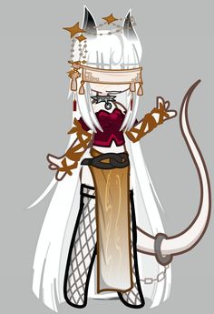 a cartoon character dressed up as a cat with long white hair and wearing a costume