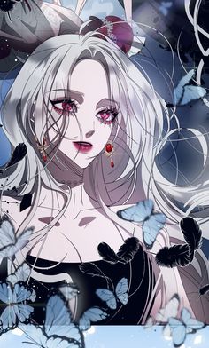 an anime character with long white hair and red eyes, surrounded by butterflies in the sky