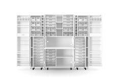 an open refrigerator with lots of drawers and shelves on wheels in front of a white background