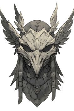 an animal mask with wings on it's head and two swords in its mouth