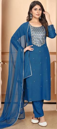 Blue color Salwar Kameez in Rayon fabric with Embroidered, Sequence, Thread work Party Wear Salwar Kameez, Party Wear Salwar, Kurta Pajama Men, Wedding Sherwani, Lehenga Style, Thread Work, Peacock Blue