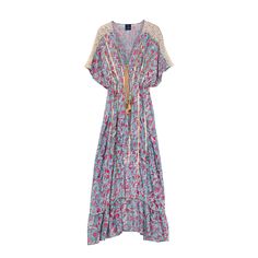 When it comes to boho-chic… we got you! Stunning printed maxi dress with lace detail on sleeves, sequined embroidery, a deep V-neck and tassels to make your Summer looks more fun. It is the perfect dress for a summer night 100% Viscose Dry Clean only Printed Floor-length Boho Vacation Dress, Floor-length Printed Boho Dress For Vacation, Floor-length Printed Boho Vacation Dress, Bohemian Maxi Kaftan With Floral Print, Bohemian Flowy Maxi Dress With Lace Trim, Bohemian Floral Print Floor-length Kaftan, Vacation Boho Maxi Dress With Lace Trim, Bohemian Flowy Lace Trim Maxi Dress, Bohemian Floor-length Floral Print Kaftan