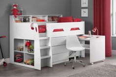 a white bunk bed with desk and chair in a room that has red curtains on the windowsill