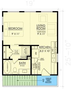 the floor plan for a two bedroom, one bathroom apartment with an attached living area