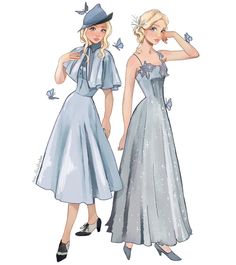 two women in dresses and hats, one is wearing a dress with butterflies on it