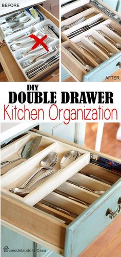 an open drawer with utensils in it and the words, diy double drawer kitchen organization